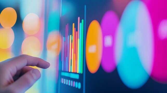 Interactive data chart and graphs visualization displayed on a digital screen with colorful graphs and a user engaging