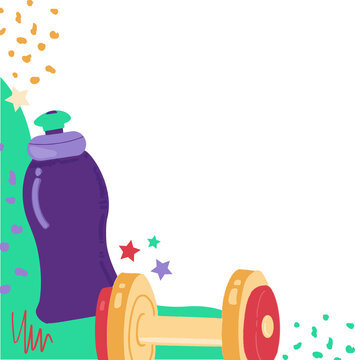 Fototapeta Flat vector is showing purple water bottle, yellow-red dumbbell, dots on transparent background