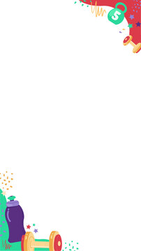 Fototapeta Flat design fitness frame is featuring exercise gear icons, star confetti, transparent background