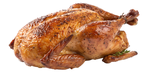 whole roasted chicken on white background