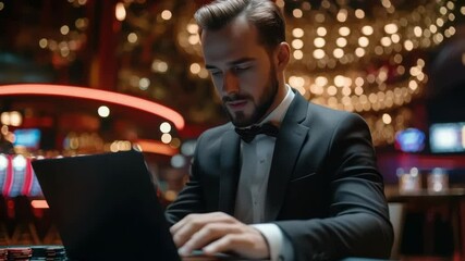 One adult man in casino, using laptop for technology, casino, business, gambling, and online gaming at night. - Powered by Adobe