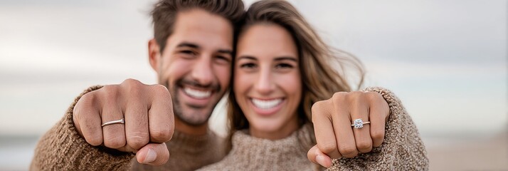 Fun couple raising their fists to show off their wedding rings against a pastel sky