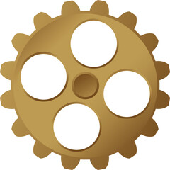 Golden gear wheel shining in 3D, featuring 12 teeth, 4 cutouts, central hub, transparent background