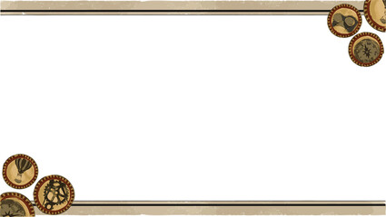 Showing steampunk banner with brass medallions, lens, map, compass  and  gears on transparent backdr