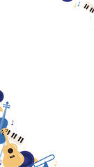Flat design cluster is showing yellow guitar, blue bass, speakers and notes on transparent canvas