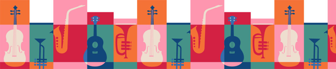 Flat violin, saxophone, trumpet and guitar icons are forming tiled grid on transparent background