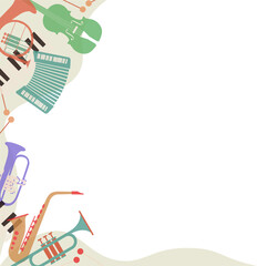 Cream ribbon framing flat string, wind, keyboard and percussion on clear background, copy space