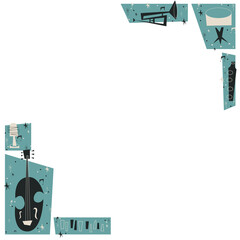 vector music border is showing instrument shapes and notes on transparent background, copy space