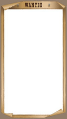 Flat design western wanted poster is showing on transparent backdrop with WANTED header, copy space