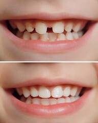 Child’s mouth showing baby tooth missing vs new adult tooth growing in.
