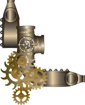 Fototapeta Steampunk joint showing pipes, valve wheel, interlocking gears, fasteners on transparent background