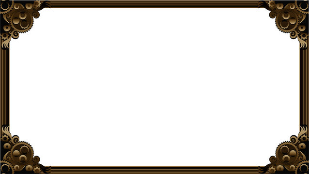 Steampunk rectangular frame is floating on transparent background, with metallic bars and gears