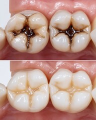  Before–after of multiple cavities in child’s teeth, then filled and restored.
