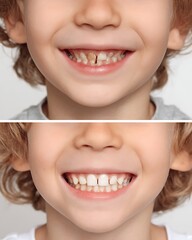  Before–after of multiple cavities in child’s teeth, then filled and restored.