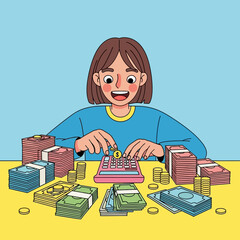 Happy Person Budgeting and Saving Money