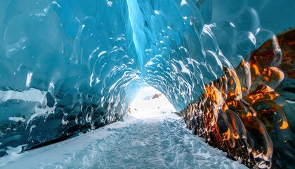 Icy Blue Glacial Cave Interior With Light