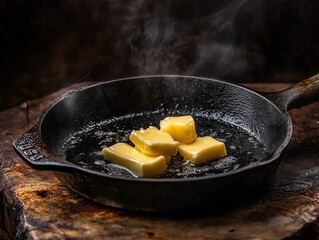 Melting Butter in a Hot Cast Iron Pan with Rising Steam