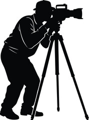 Silhouette of Photographer Using Tripod Camera, Vector Clipart Illustration