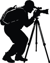 Silhouette of Male Photographer with Backpack Shooting with Tripod Camera, Vector Art