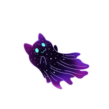 Fototapeta Ghost-cat is floating on transparent background with purple-magenta gradient, cyan rim, star specks