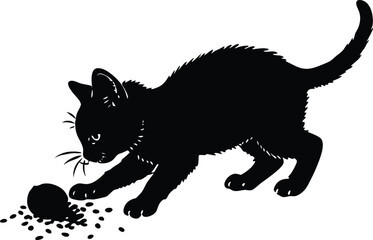 Silhouette of Curious Kitten Playing with Insect, Vector Illustration