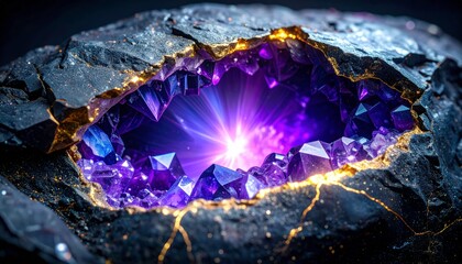 Luminous Purple Geode With Golden Veins In Dark Rock