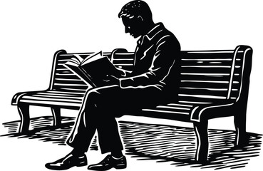 Silhouette of Man Reading Book on Park Bench, Black and White Vector Illustration