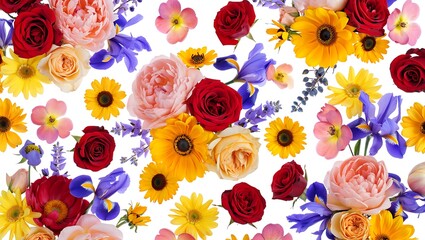Vibrant Floral Medley A Stunning Collection of Roses, Irises, and Sunflowers