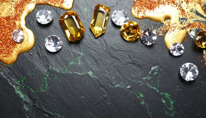 Yellow And Clear Gemstones On Dark Marble With Gold Glitter