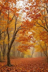Fototapeta premium Crimson, gold, and russet leaves swirling, dancing on a breezy autumn day , brown, colorful