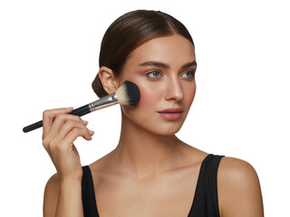 Beautiful woman applying makeup blush powder with brush tan art on transparent background