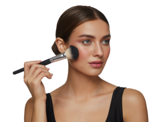 Beautiful woman applying makeup blush powder with brush tan art on transparent background