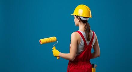 Woman Painter in Yellow Helmet and Red Overalls Holding Paint Roller