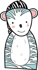 Simple cartoon zebra is standing with light blue stripes and pink ears on transparent background