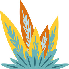 Showing stylized leaves in teal mustard burnt orange with pale blue veins on transparent background