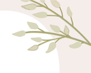 Flat design branch stretching over teal semicircle with oval leaves, buds on transparent background