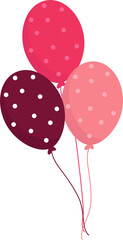 Three flat burgundy-pink polka dot balloons with strings are floating on transparent background