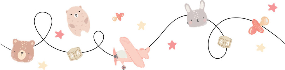 Baby mobile is hanging in flat style showing pastel toys, stars, transparent background