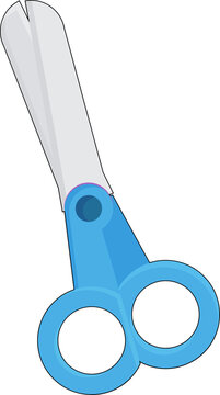 3D safety scissors are floating on transparent background with white blades  and  blue grip, copy sp