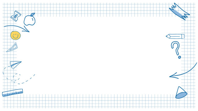 Flat design is showing dark grey banner on blue grid with doodle icons, transparent background
