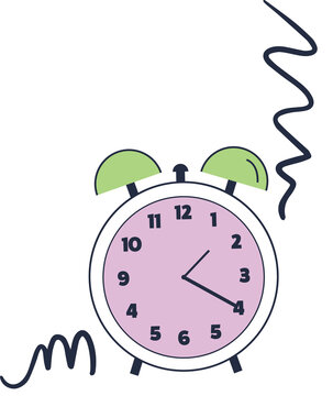 Fototapeta Flat analog alarm clock ringing with pink dial green bells navy squiggles on transparent background