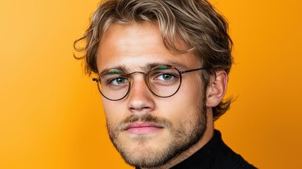Portrait of Young Man with Curly Hair and Glasses Against Yellow Background