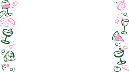 Doodling food-drink frame on transparent canvas showing pizza, wine, cheese, cocktails copy space