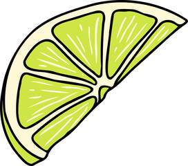 Stylized lime wedge is showing curved rind and segmented pulp in vector art on transparent backdrop