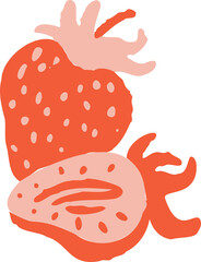 Three strawberries are featuring seed motifs in flat design on transparent background, one halved