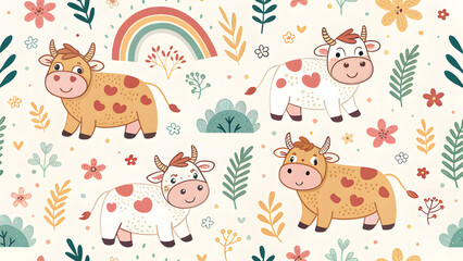 Seamless pattern with cartoon cows. Flat colorful vector for kids. hand drawing. animals. baby design for fabric, textile, wrapper, print