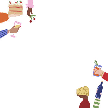 Naklejki Stylized hands are forming border in flat design, offering cake and wine cocktail, clear background