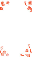 Strawberry-mushroom border is framing center in flat orange-peach on clear background, copy space