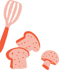 Obraz premium Flat graphic is showing coral slotted spatula with three pink mushrooms on transparent backdrop