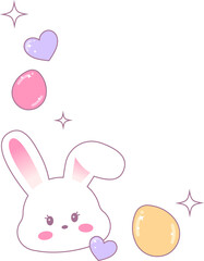 Rabbit head is floating in flat design on transparent canvas showing pastel hearts eggs sparkles